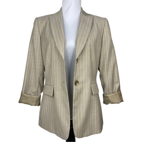 Tahari ASL Women’s Tan White Striped Two Button Business Career Blazer 10/C39 - Picture 2 of 11